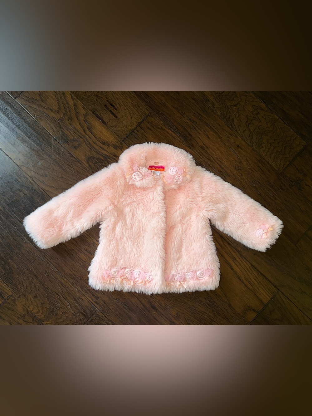 Kate Mack Faux Fur Pink Girls Coat with Rosette Trim size 4T, EUC